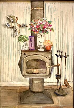 The work depicts a fireplace and flowers that signify a happy family life.