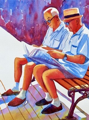 "Shared Stories" by Christine Beard captures the quiet, enduring friendship between two elderly men as they sit together on a park bench, deeply engrossed in reading a newspaper. This watercolor piece highlights the warmth of companionship and the simple joys of shared experiences in a serene outdoor setting. The vibrant colors and gentle details evoke a sense of calm and nostalgia, making it a heartfelt tribute to the beauty of lifelong friendships. Perfect for those who appreciate art that reflects the deeper, quieter moments of life.





