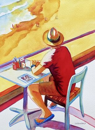 "Vantage Point" by Christine Beard captures the serene experience of a solitary figure enjoying a peaceful moment at a beachfront cafe. The vibrant watercolor highlights the contrast between the warm sandy beach and the cool ocean waves, with the observer soaking in the tranquil atmosphere. This artwork beautifully conveys the calm and reflective nature of a seaside escape, making it an ideal piece for those who cherish coastal scenes and relaxed moments.





