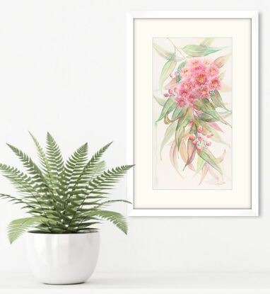 Watercolour painting of a pink red gum blossoms and leaves