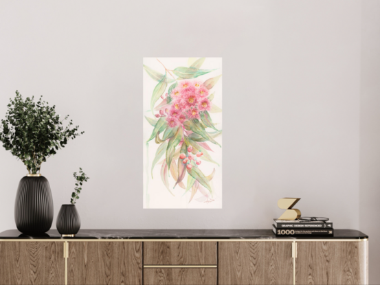 Watercolour painting of a pink red gum blossoms and leaves