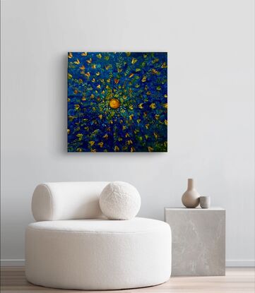 This painting captures a moment of transformation, a dispersion of energy and life.
It radiates outwards from the centre creating a sense of movement and freedom.