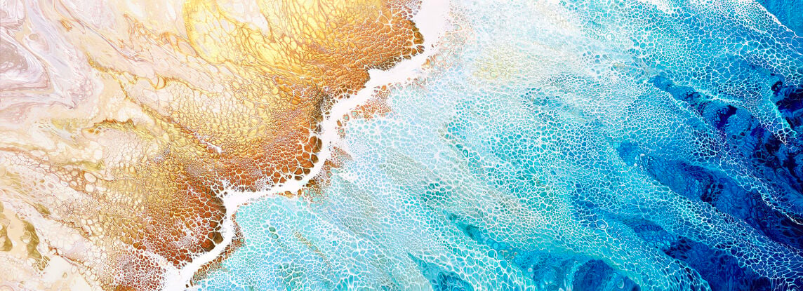 large painting in abstract of aerial of beach with white foam from waves coming into shore. The ocean is gorgeous turquoise waters, aquamarine