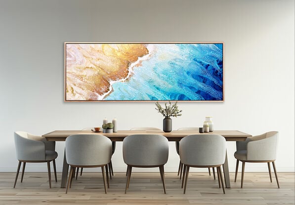 large painting in abstract of aerial of beach with white foam from waves coming into shore. The ocean is gorgeous turquoise waters, aquamarine