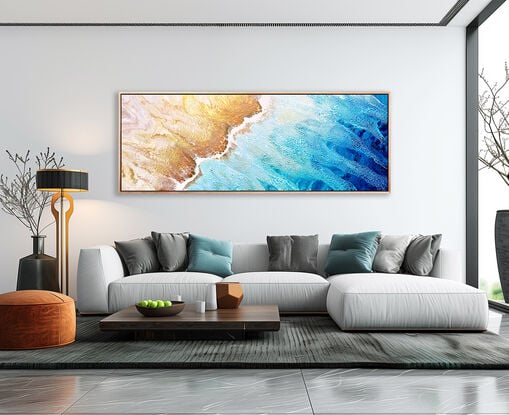 large painting in abstract of aerial of beach with white foam from waves coming into shore. The ocean is gorgeous turquoise waters, aquamarine