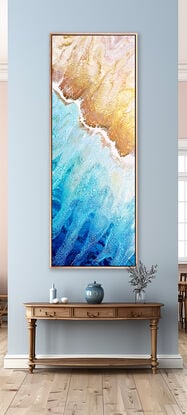 large painting in abstract of aerial of beach with white foam from waves coming into shore. The ocean is gorgeous turquoise waters, aquamarine