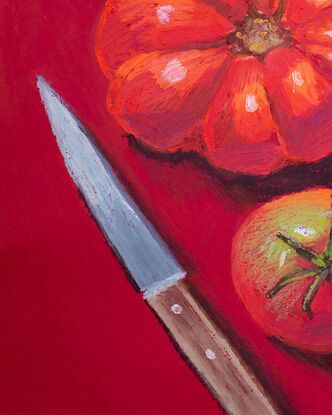 Juicy ripe tomatoes viewed from above set against a vibrant red background. Every pastel stroke brings these luscious tomatoes to life. A knife to the side, adds an element of intrigue and story.