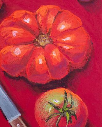 Juicy ripe tomatoes viewed from above set against a vibrant red background. Every pastel stroke brings these luscious tomatoes to life. A knife to the side, adds an element of intrigue and story.