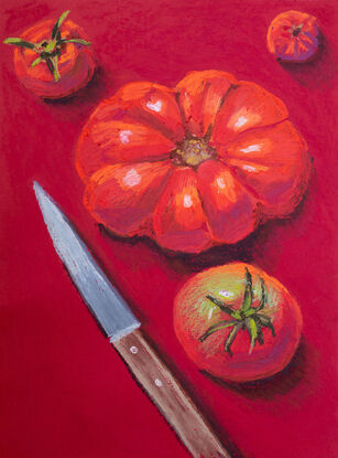 Juicy ripe tomatoes viewed from above set against a vibrant red background. Every pastel stroke brings these luscious tomatoes to life. A knife to the side, adds an element of intrigue and story.