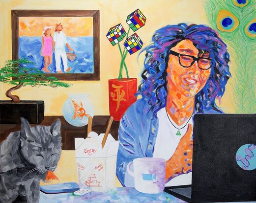 a painting depicting the times of covid 19 lockdown with woman on computer and cat eating a goldfish.