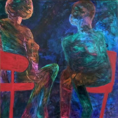 figures sitting on chairs, painted using a glazing technique.