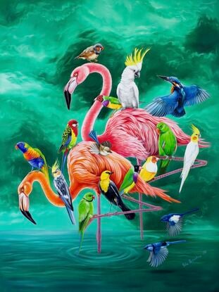 Flamingoes and parrots