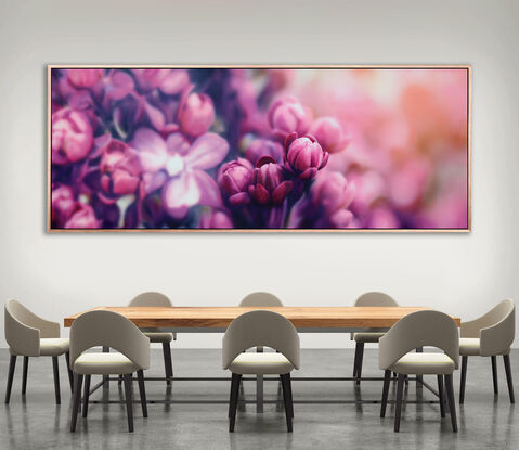 a very large bold painting of bright pink lillacs. Only a few buds are in focus with the rest of the floral bunch and background out of focus. deep pink, purple/lavendar shadows create a strong contrast. Has impact both horizontally and vertically.