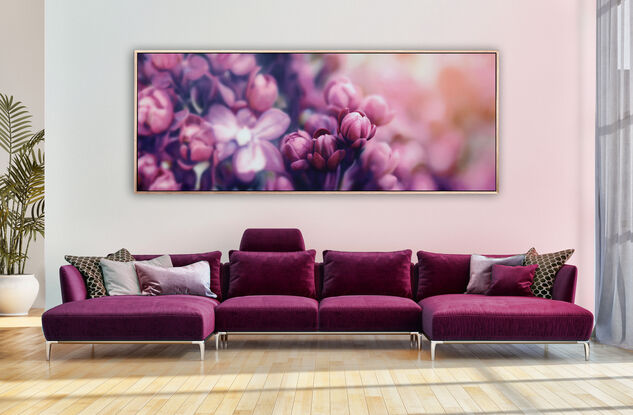 a very large bold painting of bright pink lillacs. Only a few buds are in focus with the rest of the floral bunch and background out of focus. deep pink, purple/lavendar shadows create a strong contrast. Has impact both horizontally and vertically.