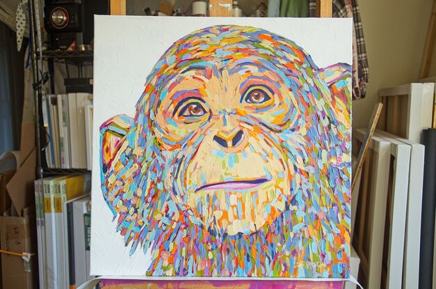 Chimp Love. There was something about this little chimp's face that I fell in love . The tenderness and compassion so lovingly expressed in this chimpanzee's eyes. I can see why Dr. Jane Goodall would be so enamored by them. Painted in vibrant textured almost impasto type brushstrokes.
