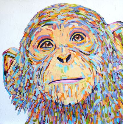 Chimp Love. There was something about this little chimp's face that I fell in love . The tenderness and compassion so lovingly expressed in this chimpanzee's eyes. I can see why Dr. Jane Goodall would be so enamored by them. Painted in vibrant textured almost impasto type brushstrokes.
