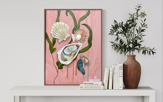 A modern painting of shellfish  ; scallops, muscles and oysters set in front of a luminous green floating seaweed. The background is a soft salmon pink. This is  inspired by Summer nights spent at our beach shack. Indulging in the taste of the ocean. 