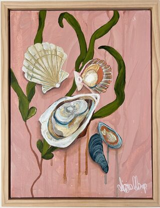 A modern painting of shellfish  ; scallops, muscles and oysters set in front of a luminous green floating seaweed. The background is a soft salmon pink. This is  inspired by Summer nights spent at our beach shack. Indulging in the taste of the ocean. 