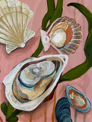 A modern painting of shellfish  ; scallops, muscles and oysters set in front of a luminous green floating seaweed. The background is a soft salmon pink. This is  inspired by Summer nights spent at our beach shack. Indulging in the taste of the ocean. 