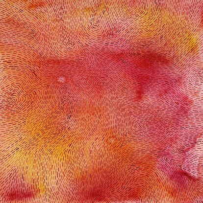 Orange and red watercolor abstract background with short brushtrokes woven into an abstract pattern