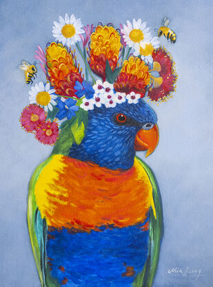 Rainbow Lorikeet bird with a crown of flowers. 