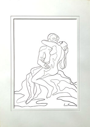 Line art drawing inspired by Rodin’s sculpture “The Kiss” by Sydney artist. 