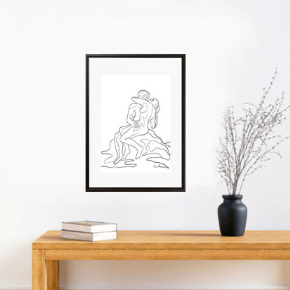 Line art drawing inspired by Rodin’s sculpture “The Kiss” by Sydney artist. 