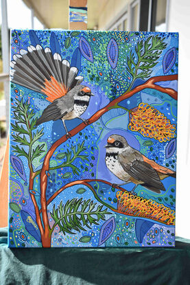 A decorative colourful painting of two Rufous Fantails in a Silky Oak Tree.