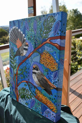 A decorative colourful painting of two Rufous Fantails in a Silky Oak Tree.