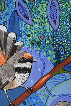 A decorative colourful painting of two Rufous Fantails in a Silky Oak Tree.