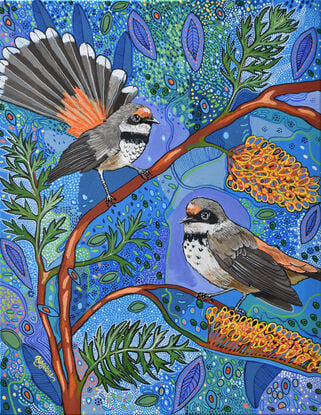 A decorative colourful painting of two Rufous Fantails in a Silky Oak Tree.