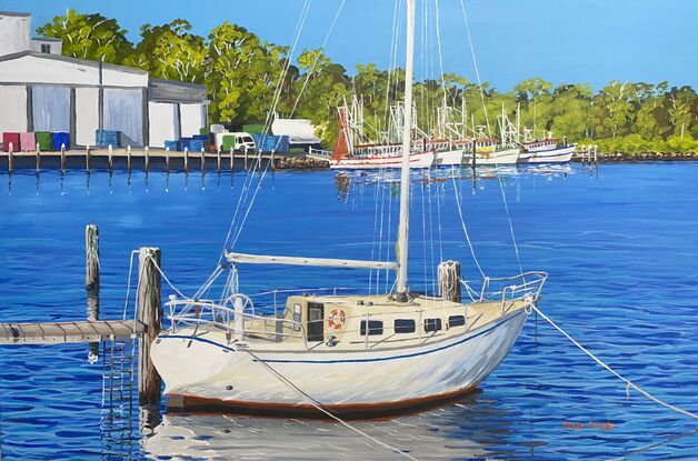 Sunny winter day, depicting a yacht, and its reflections in the foreground and trawlers and wharves in the back ground.