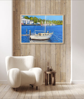 Sunny winter day, depicting a yacht, and its reflections in the foreground and trawlers and wharves in the back ground.