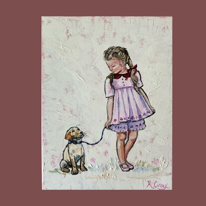 Little girl in party dress with little dog