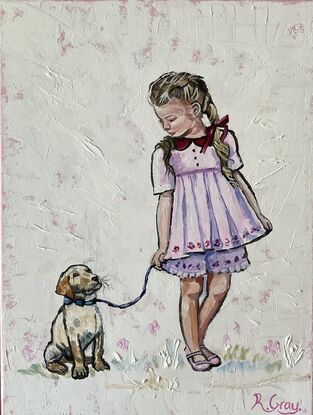 Little girl in party dress with little dog