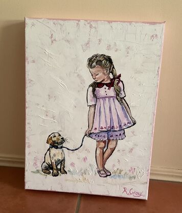 Little girl in party dress with little dog