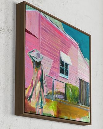 Expressive vibrant and nostalgic painting of girl in broad rimmed hat walking to front gate of old house with image in warm tones of predominantly pink hues and a teal blue sky