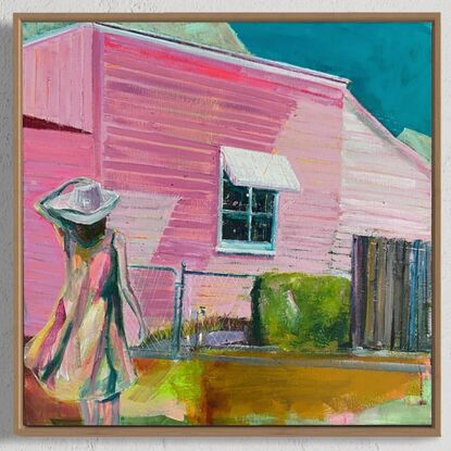 Expressive vibrant and nostalgic painting of girl in broad rimmed hat walking to front gate of old house with image in warm tones of predominantly pink hues and a teal blue sky