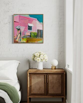 Expressive vibrant and nostalgic painting of girl in broad rimmed hat walking to front gate of old house with image in warm tones of predominantly pink hues and a teal blue sky