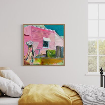 Expressive vibrant and nostalgic painting of girl in broad rimmed hat walking to front gate of old house with image in warm tones of predominantly pink hues and a teal blue sky