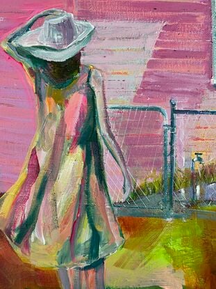 Expressive vibrant and nostalgic painting of girl in broad rimmed hat walking to front gate of old house with image in warm tones of predominantly pink hues and a teal blue sky