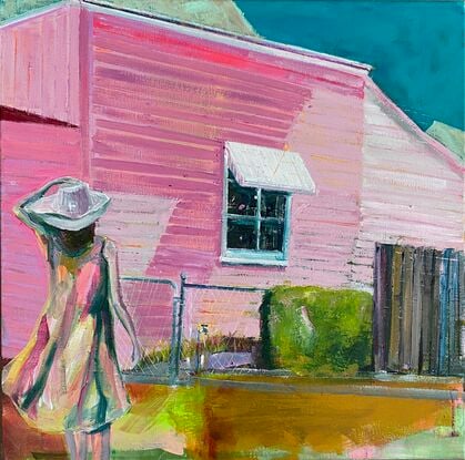 Expressive vibrant and nostalgic painting of girl in broad rimmed hat walking to front gate of old house with image in warm tones of predominantly pink hues and a teal blue sky