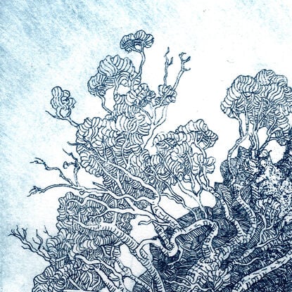 An illustrative etching of a gnarled tree growing out of a rocky outcrop at dusk, printed with dark blue ink on white paper.