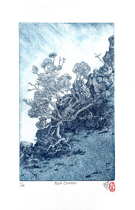 An illustrative etching of a gnarled tree growing out of a rocky outcrop at dusk, printed with dark blue ink on white paper.