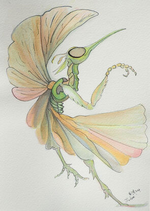 An ethereal watercolor painting featuring a surreal fusion of ballerinas and praying mantises, rendered in delicate pinks and ochres. Soft, flowing forms of  ballerinas seamlessly intertwine with the angular, insect-like shapes of the mantises, creating a dreamlike dance. The gentle hues of pink and ocher add a soothing yet intriguing atmosphere, enhancing the mystical quality of the artwork."