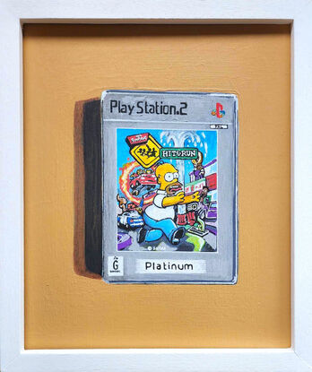 Still life painting of PS2 The Simpsons video game