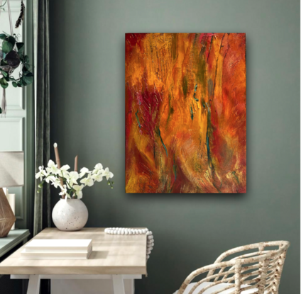 A textured, abstract landscape artwork in acrylics on canvas,  in bold orange, turquoise and gold depicting the changing seasons in the Blue Mountains of NSW