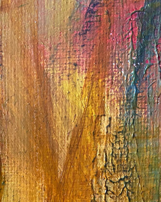 A textured, abstract landscape artwork in acrylics on canvas,  in bold orange, turquoise and gold depicting the changing seasons in the Blue Mountains of NSW