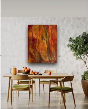 A textured, abstract landscape artwork in acrylics on canvas,  in bold orange, turquoise and gold depicting the changing seasons in the Blue Mountains of NSW