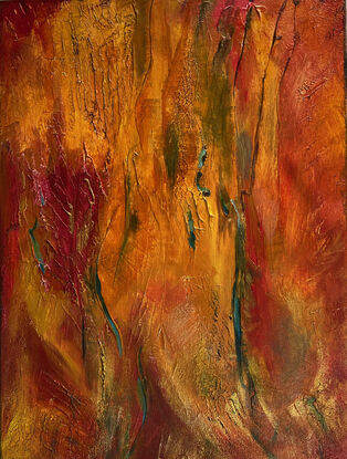 A textured, abstract landscape artwork in acrylics on canvas,  in bold orange, turquoise and gold depicting the changing seasons in the Blue Mountains of NSW